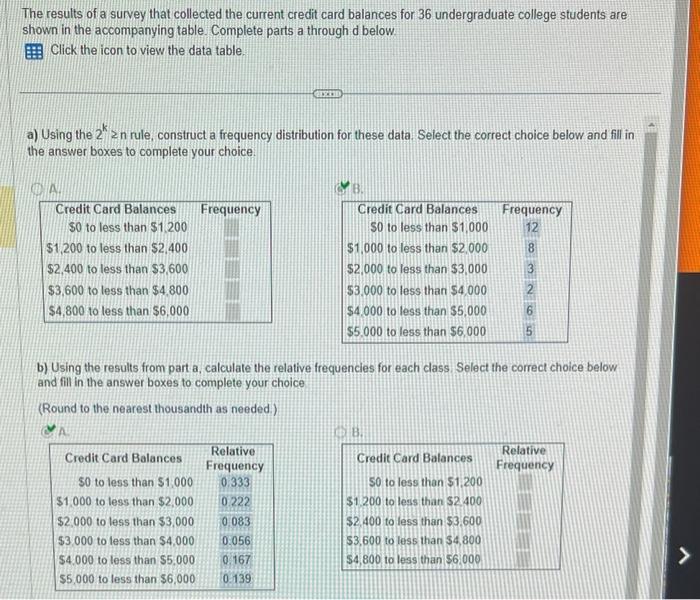 The results of a survey that collected the current credit card balances for 36 undergraduate college students are shown in th