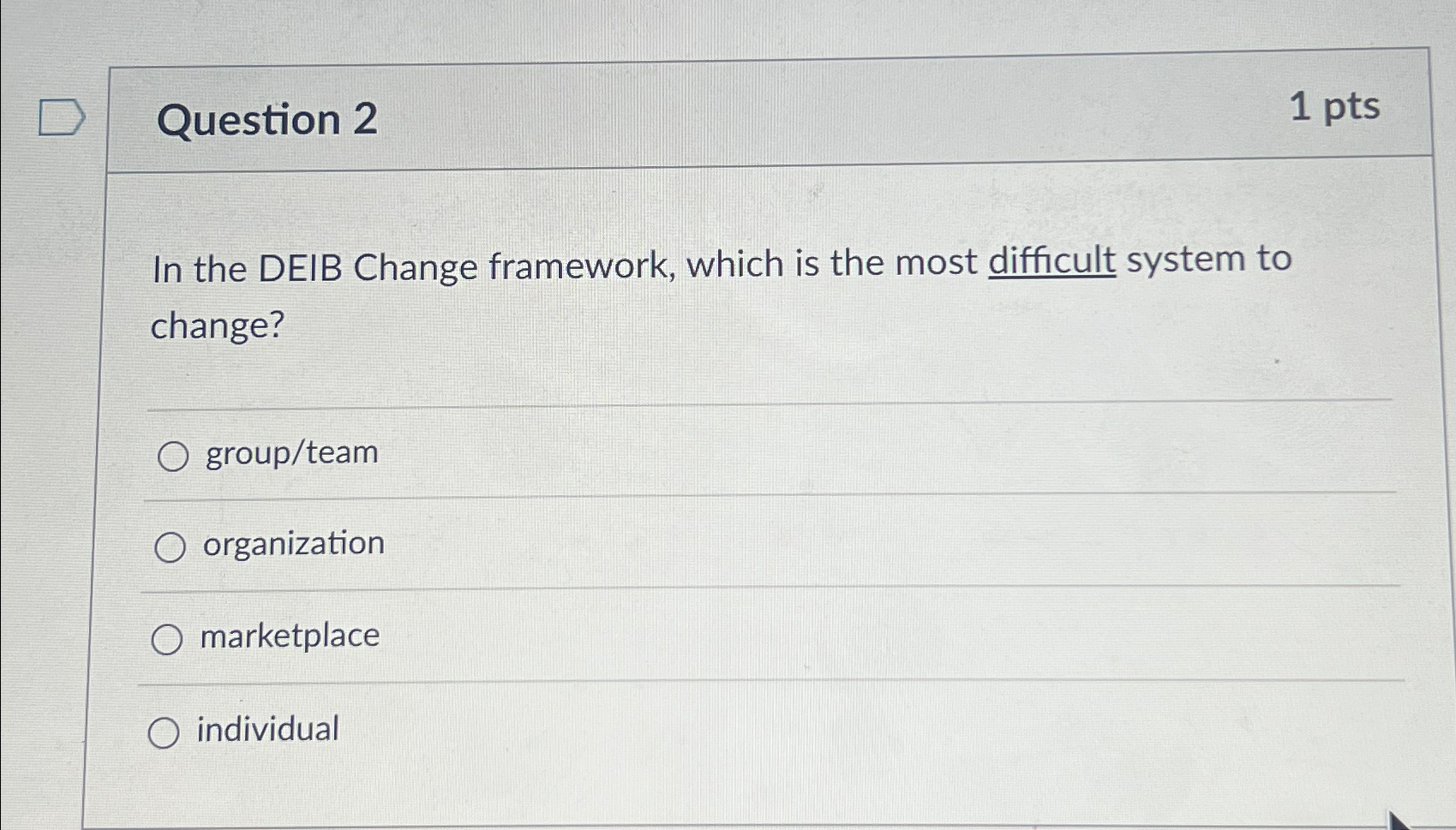 Solved Question 21ptsIn the DEIB Change framework, which is | Chegg.com