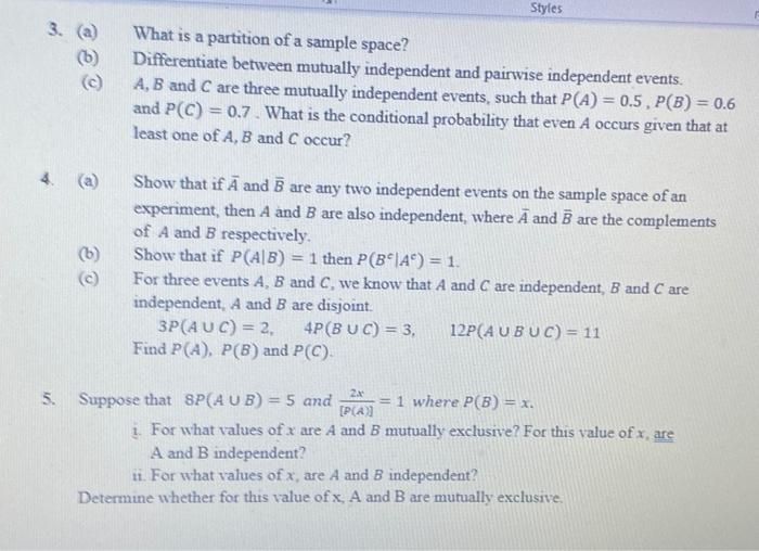 Solved Styles 3. (a) (b) What is a partition of a sample | Chegg.com