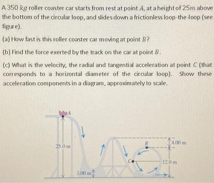 Solved A 350 kg roller coaster car starts from rest at point