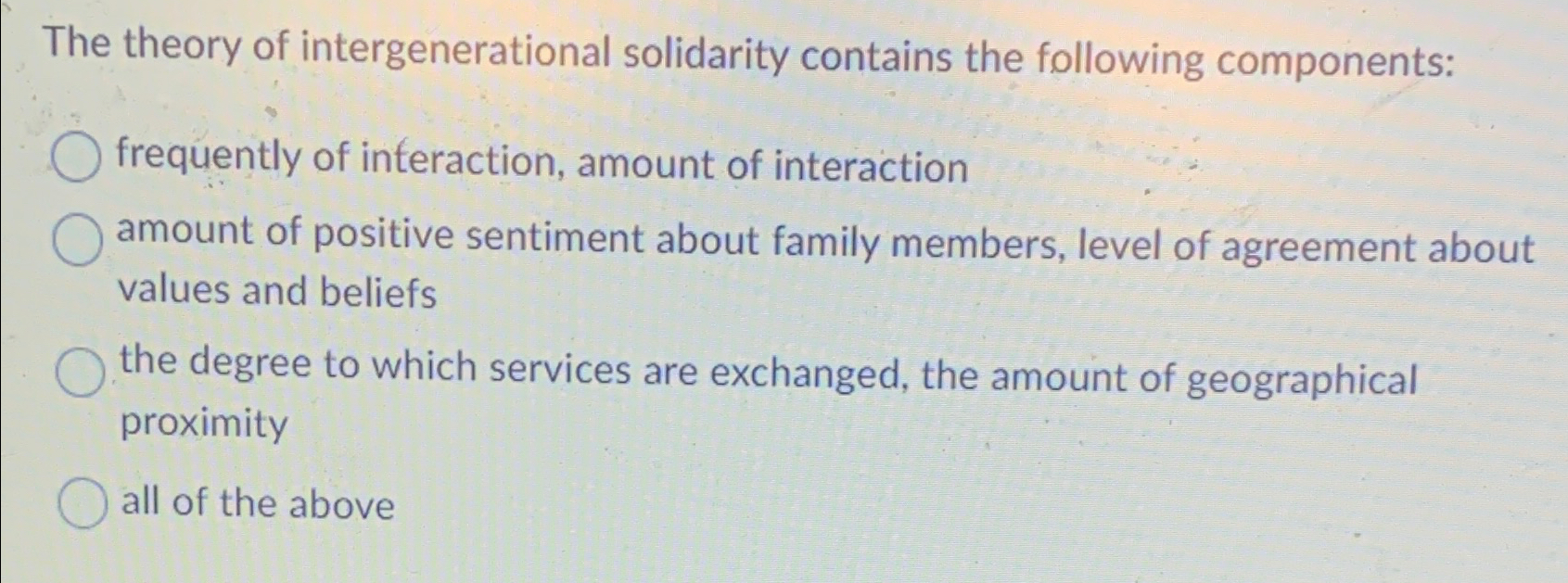 Solved The theory of intergenerational solidarity contains | Chegg.com