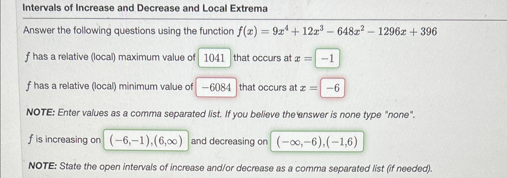 Solved Intervals of Increase and Decrease and Local | Chegg.com