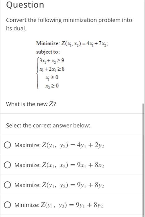 Solved Question Convert the following minimization problem | Chegg.com