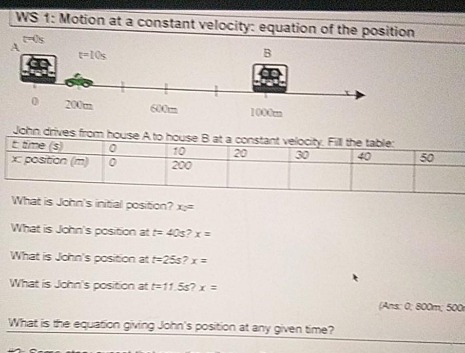 Solved WS 1: Motion at a constant velocity: equation of the | Chegg.com