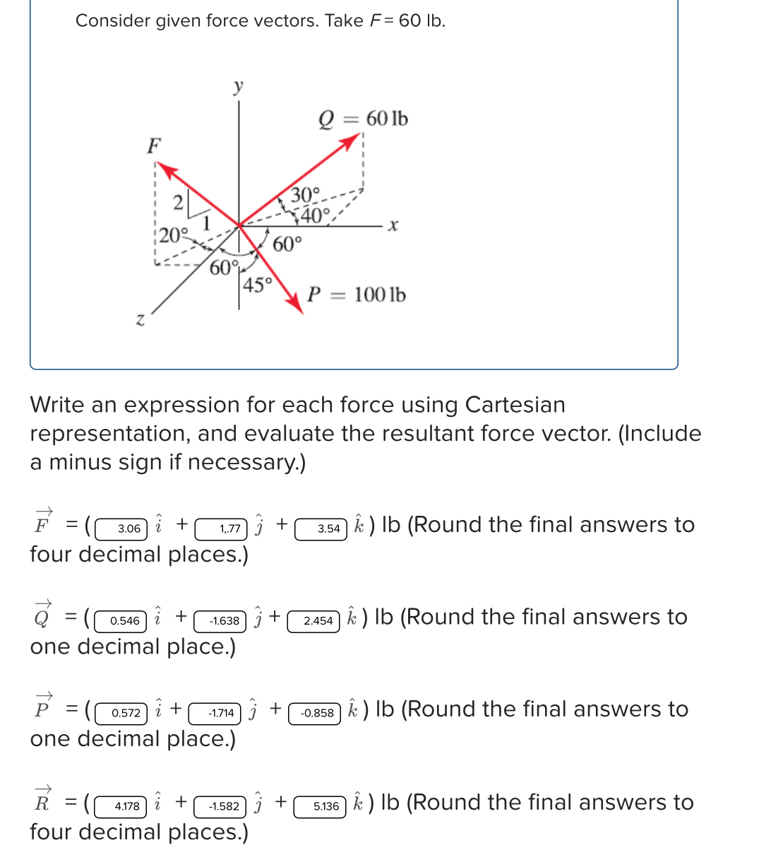 Solved Consider given force vectors. Take F=60lb.Write an | Chegg.com
