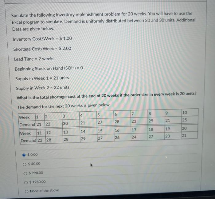 Solved Simulate the following inventory replenishment | Chegg.com