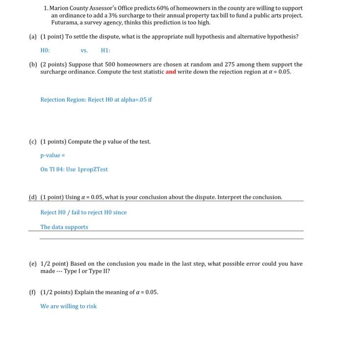 Solved 1. Marion County Assessor's Office predicts 60 of