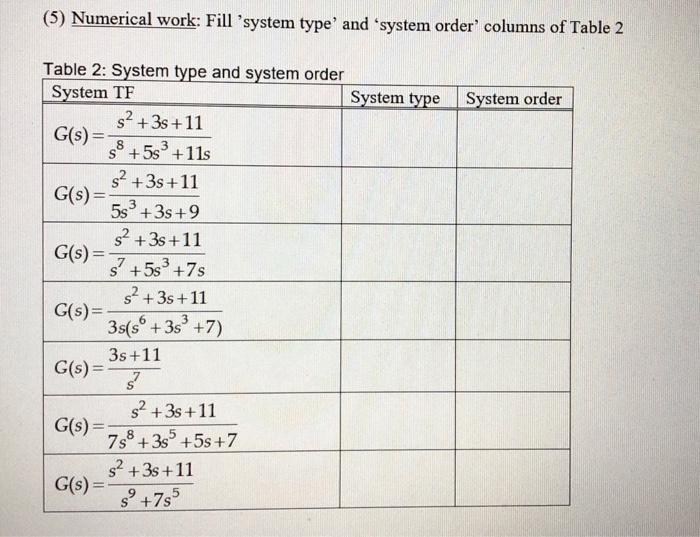 Solved (5) Numerical work: Fill 'system type and system | Chegg.com