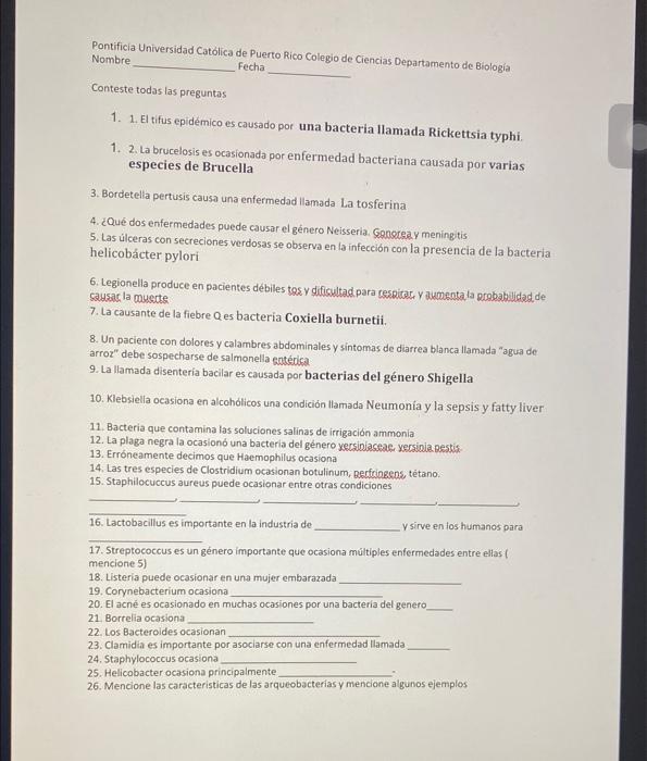 Rontificia Universidad Catolica de Puerto Rico Colegio de Ciencias Departamento de Biologia Nombre Fecha Conteste todas las p