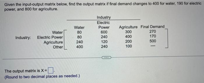 Solved Given the input-output matrix below, find the output | Chegg.com