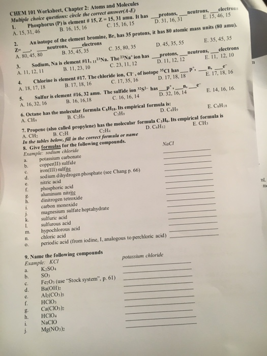 Solved NaCl b. CHEM 101 Worksheet, Chapter 2: Atoms and | Chegg.com