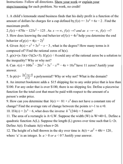Solved Instructions- Follow all directions. Show your work | Chegg.com