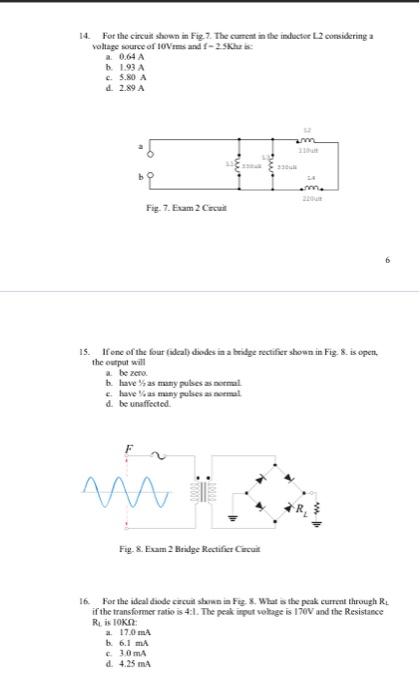 Solved 14. For the circuit shown in Fig. 7. The current in | Chegg.com