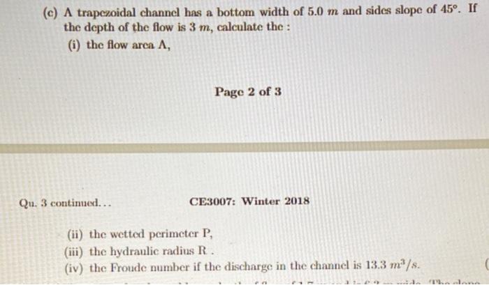 Solved (c) A trapezoidal channel has a bottom width of 5.0 m | Chegg.com