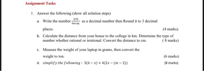 Solved Assignment Tasks 1. Answer the following (show all | Chegg.com