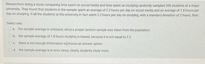 Solved Researchers Doing A Study Comparing Time Spent On | Chegg.com