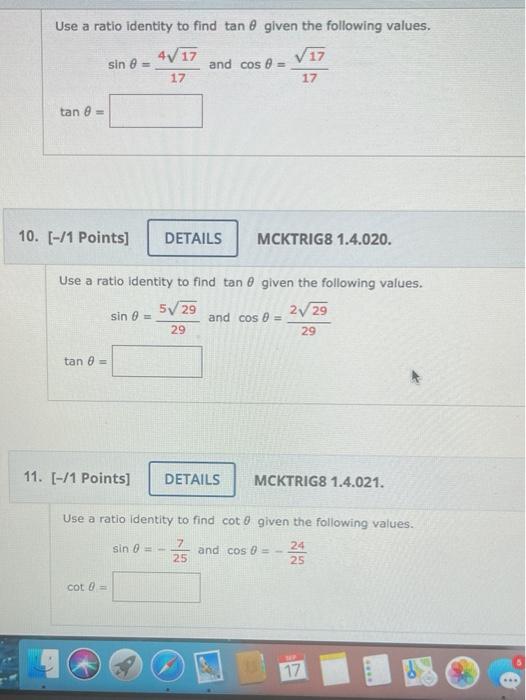 Solved Use A Ratio Identity To Find Tan Given The Following | Chegg.com