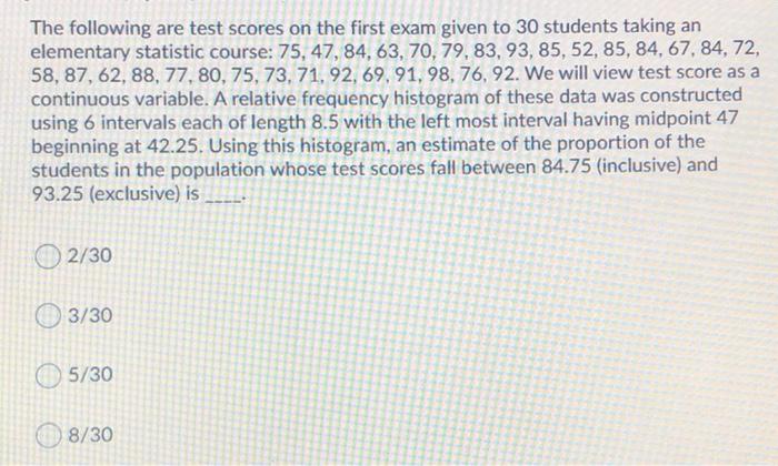 Solved The following are test scores on the first exam given | Chegg.com