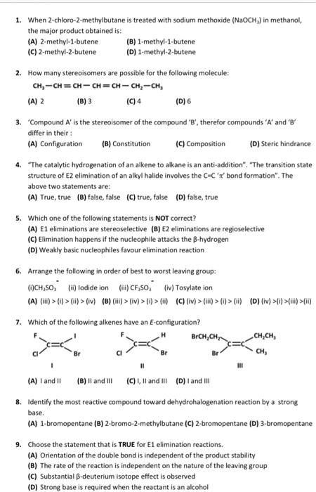 Solved 1. When 2-chloro-2-methylbutane is treated with | Chegg.com