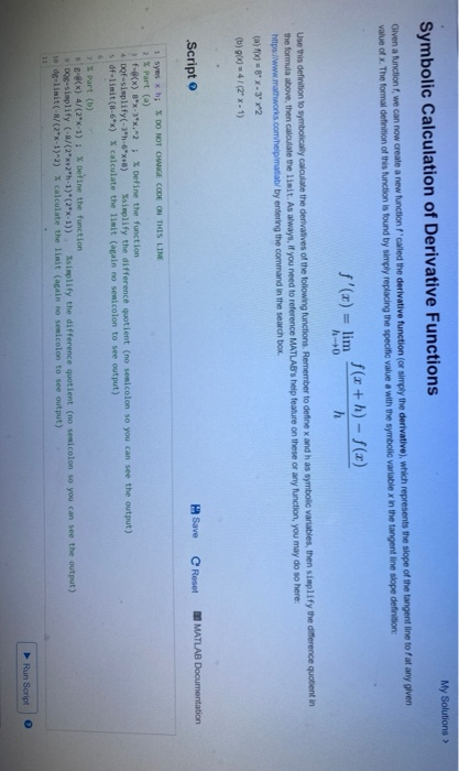 Solved My Solutions > Symbolic Calculation of Derivative | Chegg.com