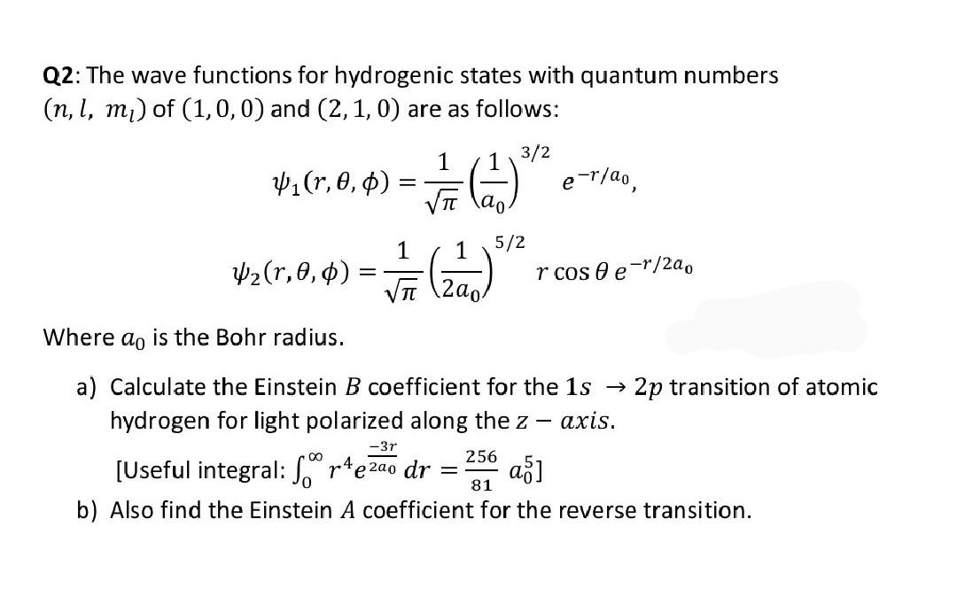 Solved Q2: The wave functions for hydrogenic states with | Chegg.com