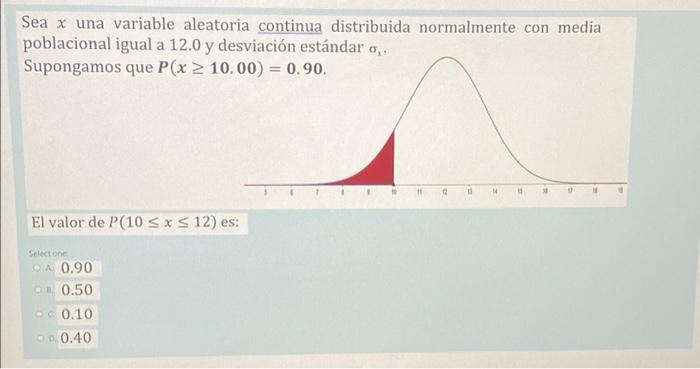 Sea x una variable aleatoria continua distribuida normalmente con media poblacional igual a 12.0 y desviación estándar Supong