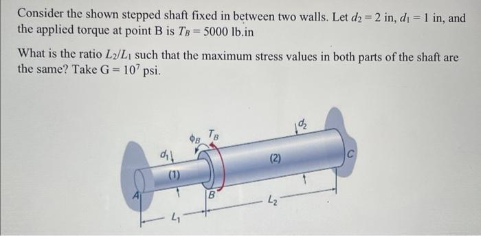 Consider the shown stepped shaft fixed in between two walls. Let \( d_{2}=2 \mathrm{in}, d_{1}=1 \) in, and the applied torqu