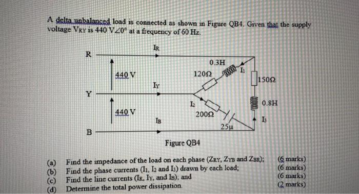 A delta unbalanced load is connected as shown in Figure QB4. Given that the supply voltage ( mathrm{V}_{mathrm{R} Y} ) is