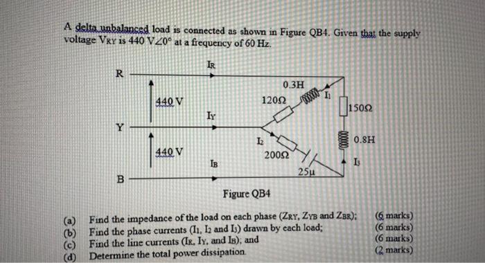 A delta unbalanced load is connected as shown in Figure QB4. Given that the supply voltage \\( \\mathrm{V}_{\\mathrm{R} Y} \\) is