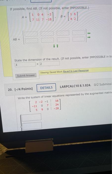 Solved If Possible, Find AB. (If Not Possible, Enter | Chegg.com