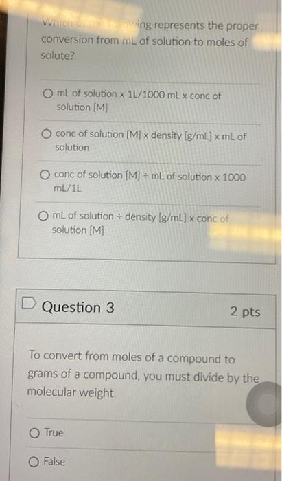 Solved Which conversion from mL of solution to moles of | Chegg.com