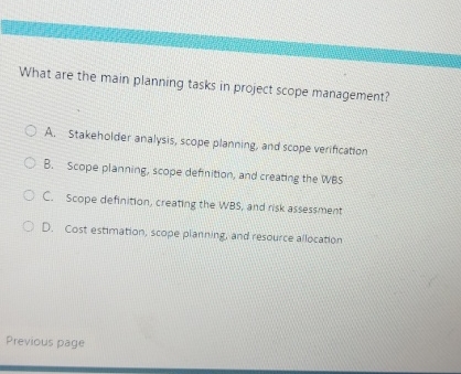 Solved What are the main planning tasks in project scope | Chegg.com