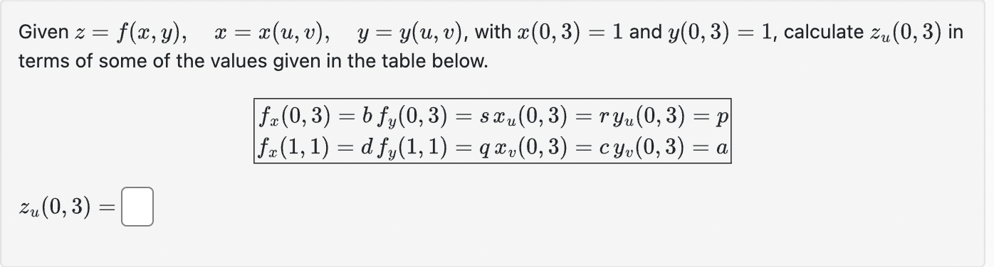 Solved Given Z F X Y X X U V Y Y U V ﻿with X 0 3 1 ﻿and