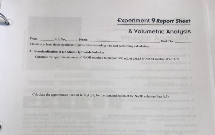 Solved Experiment Report Sheet A Volumetric Analysis Date Chegg Com