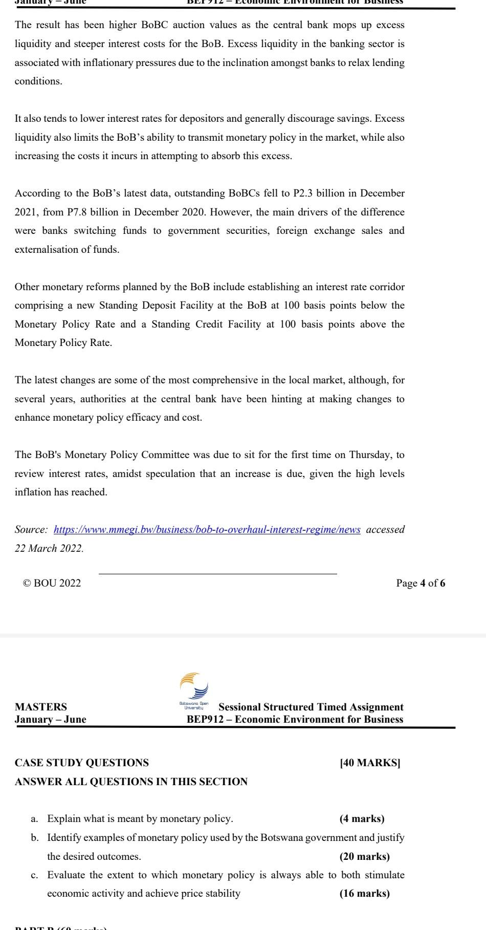 Solved PART A CASE STUDY [40 MARKS] BoB to overhaul