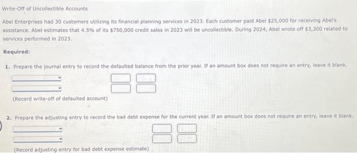 Solved Write-Off of Uncollectible Accounts. Abei Enterprises | Chegg.com