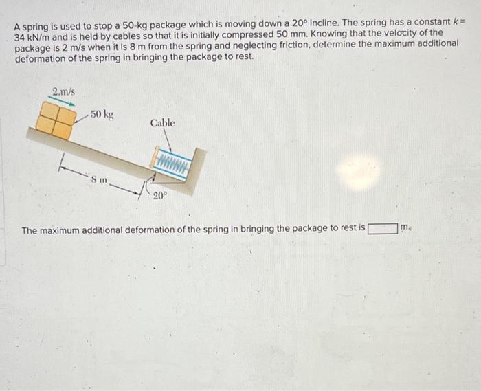 Solved A spring is used to stop a 50−kg package which is | Chegg.com