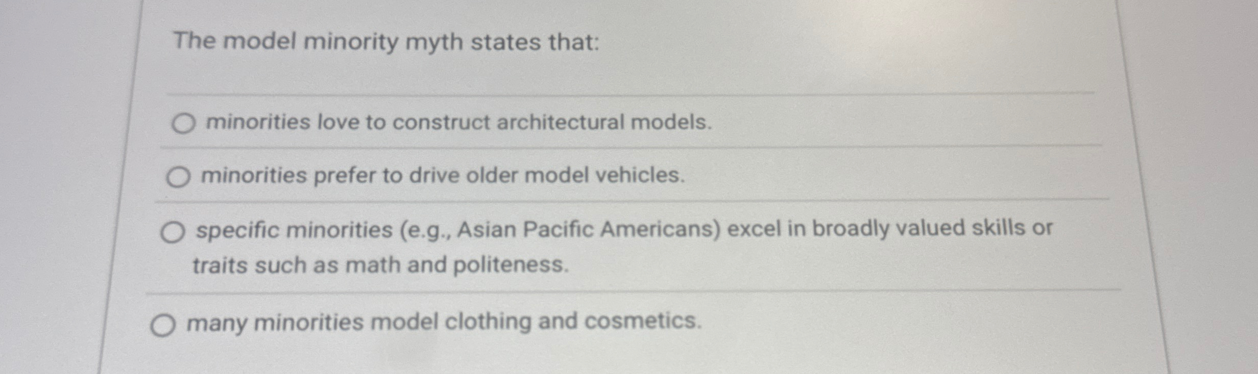 Solved The model minority myth states that:minorities love | Chegg.com