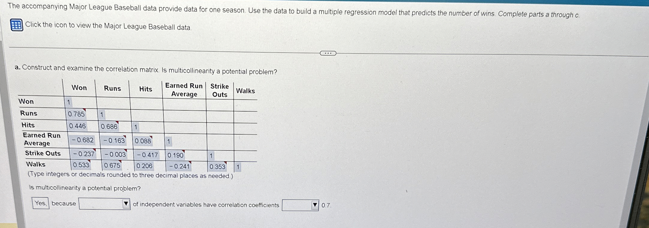 Solved The accompanying Major League Baseball data provide | Chegg.com