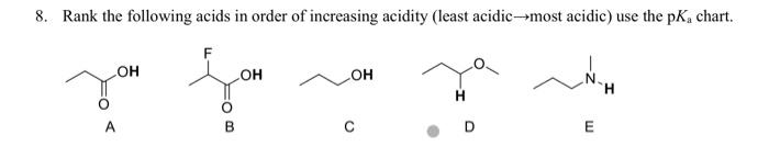 8. Rank the following acids in order of increasing acidity (least acidic \( \rightarrow \) most acidic) use the \( \mathrm{p}