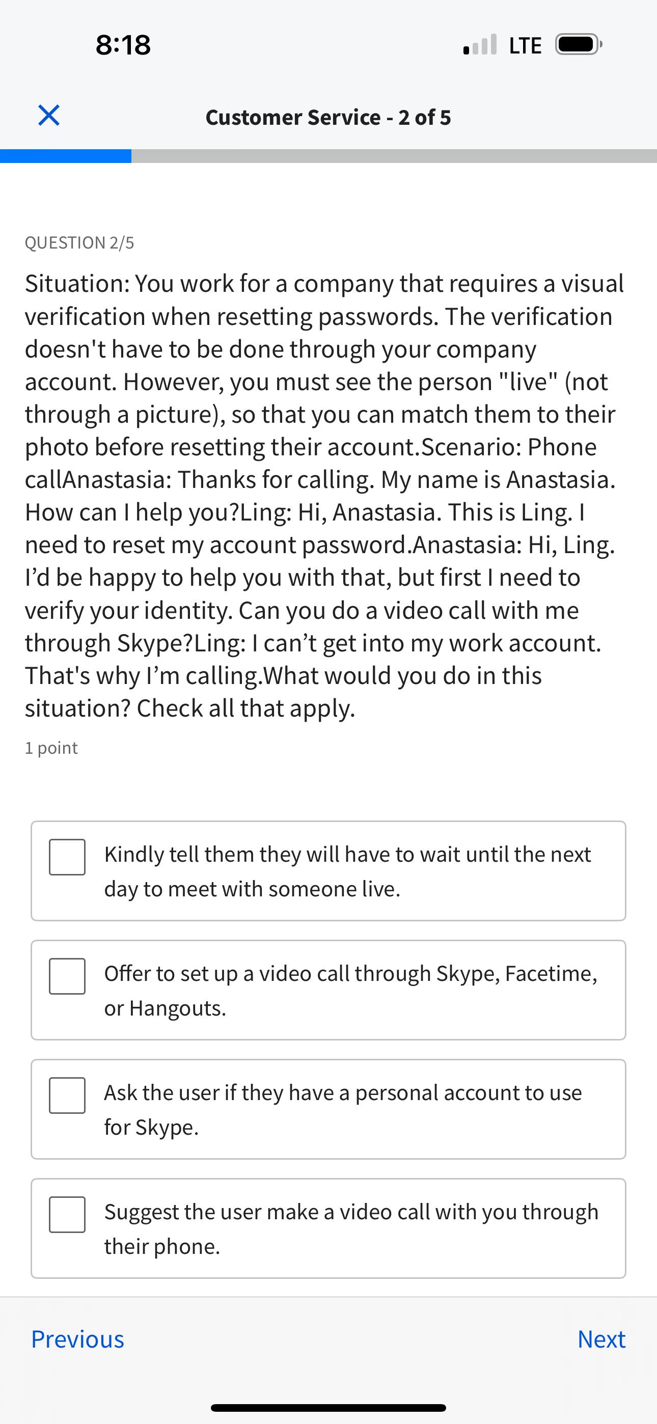 Solved 8:18LTECustomer Service - 2 ﻿of 5QUESTION | Chegg.com
