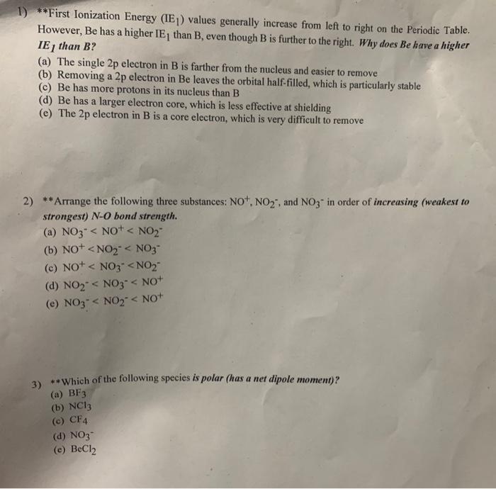 Solved **First Ionization Energy (IE1) values generally | Chegg.com