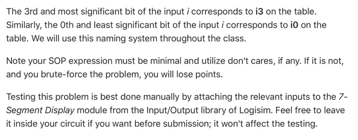 The 3rd and most significant bit of the input i corresponds to i3 on the table. Similarly, the oth and least significant bit