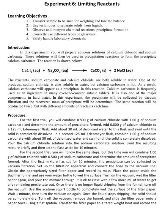 Solved Experiment 6: Limiting Reactants Learning Objectives | Chegg.com