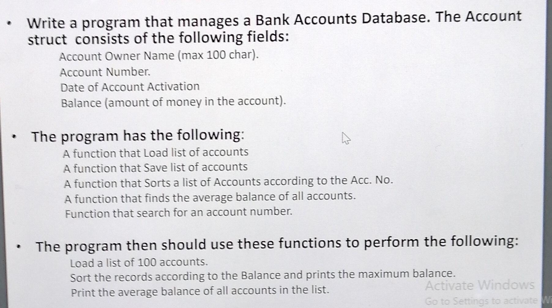 Solved Write a program that manages a Bank Accounts | Chegg.com