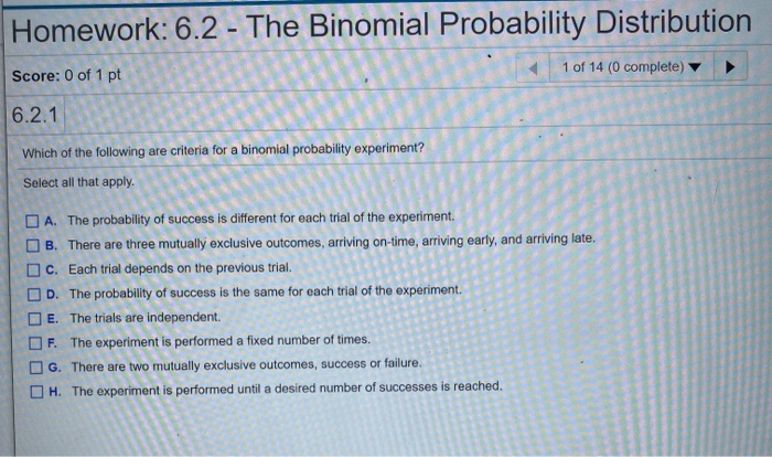 Solved Homework: 6.2 - The Binomial Probability Distribution | Chegg.com