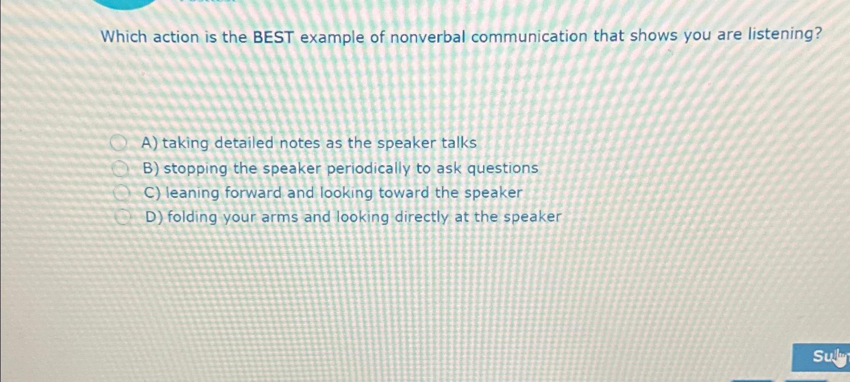 Solved Which action is the BEST example of nonverbal | Chegg.com