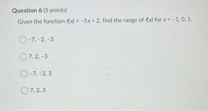 Solved Given the function f(x) = -5x + 2, find the range of | Chegg.com