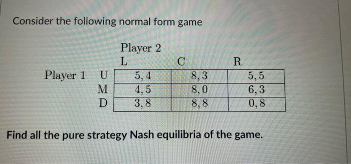 Solved Consider the following normal form game R Player 1 U | Chegg.com