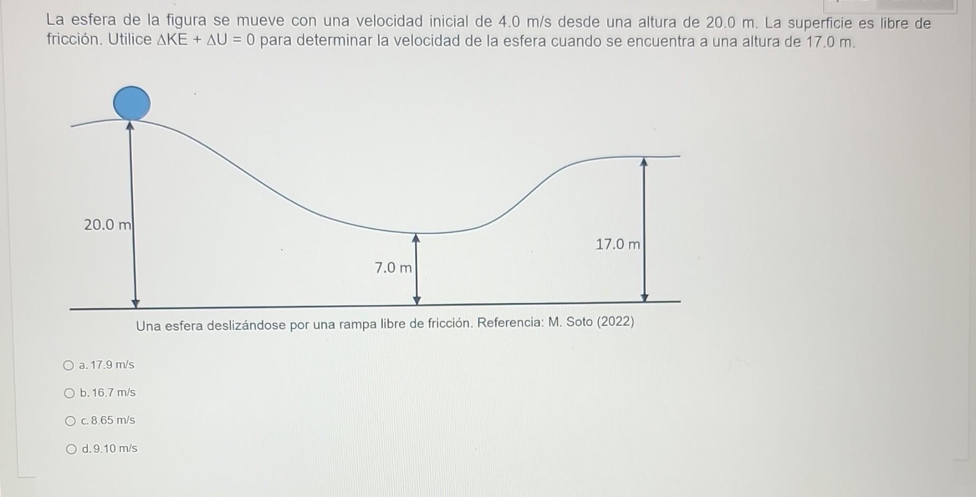 La esfera de la figura se mueve con una velocidad inicial de \( 4.0 \mathrm{~m} / \mathrm{s} \) desde una altura de \( 20.0 \